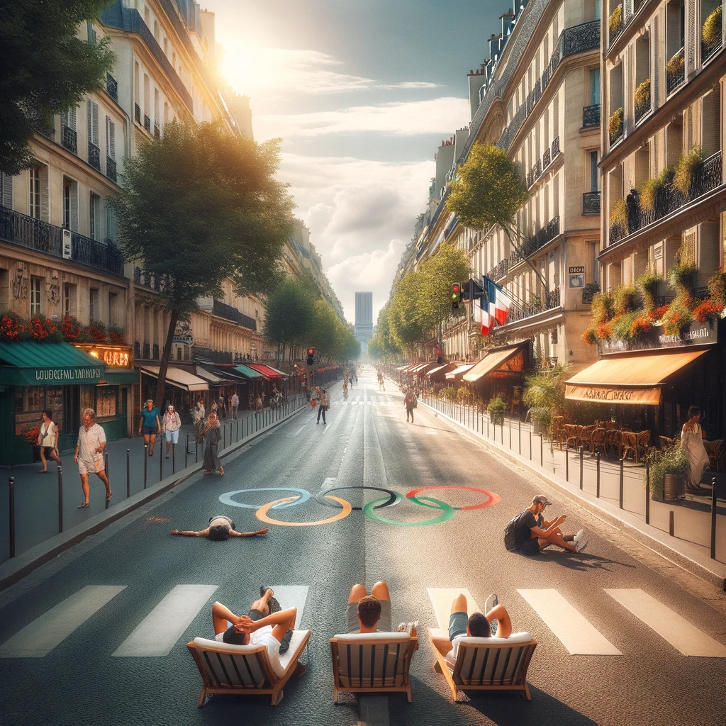 A serene Parisian street post-Olympics 2024, with relaxed tourists enjoying the city's beauty without crowds, capturing contrasting atmosphere