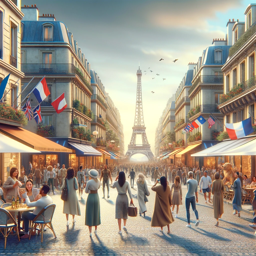 Parisian street bustling with locals and tourists, French flags fluttering, and the Eiffel Tower in the backdrop, embodying the vibrant spirit leading up to the Olympics 2024